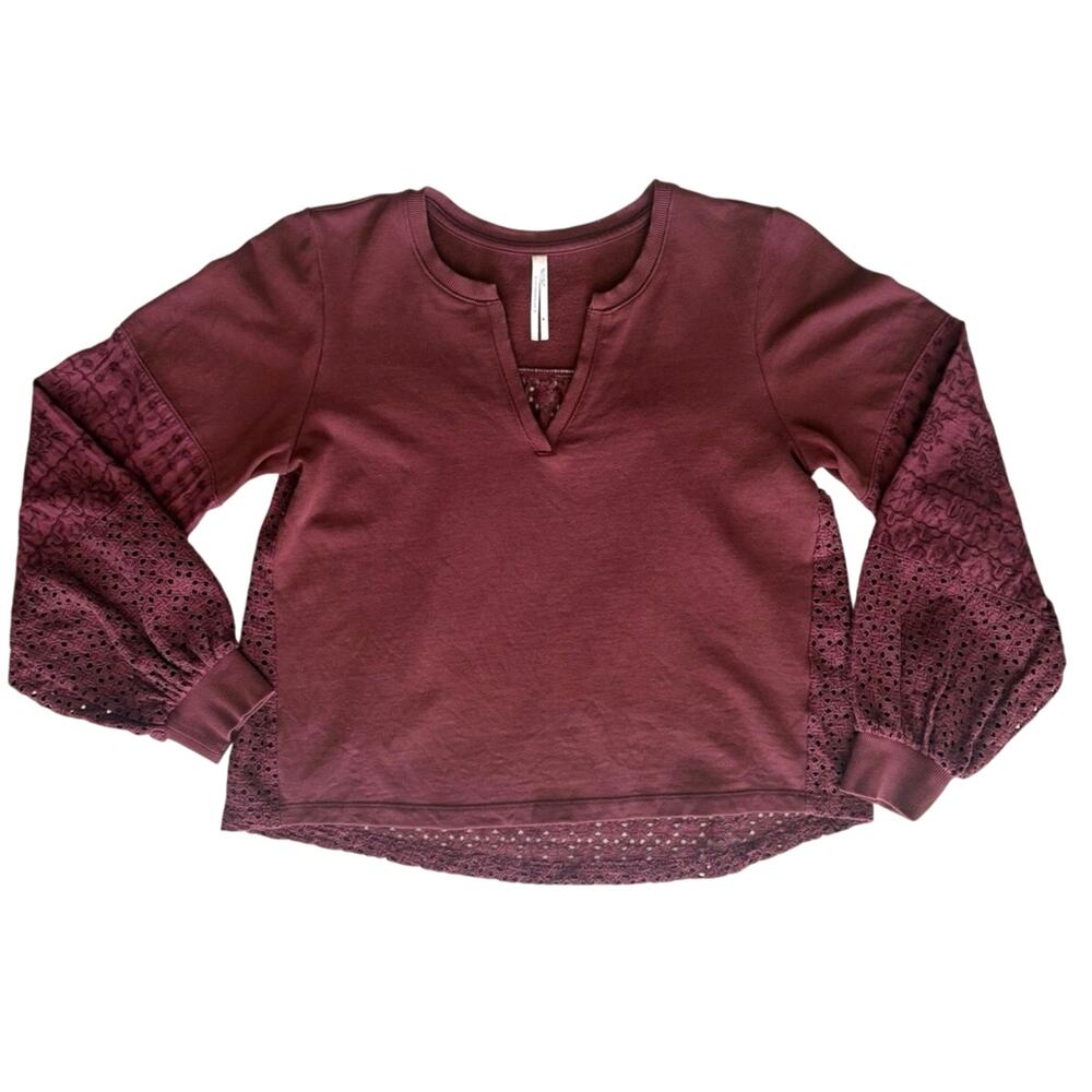 Anthropologie Pilcro Burgundy Knit & Eyelet Sweatshirt Women Size M Oversized